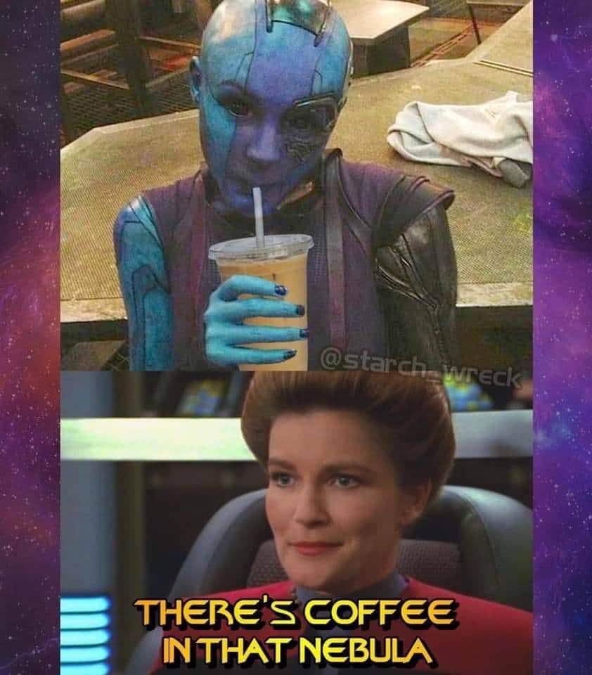 This meme is a play on the Star Trek: The Next Generation character Deanna Troi's catchphrase "Tea, Earl Grey, Hot" from the show's theme song. However, the meme replaces "Tea" with "Coffee" and "Earl Grey" with "Nerd", but then it gets even more nerdy by replacing "Hot" with "In that nebula". The meme is a humorous take on a popular sci-fi reference, poking fun at the idea of a character's mundane coffee preferences in a futuristic setting.